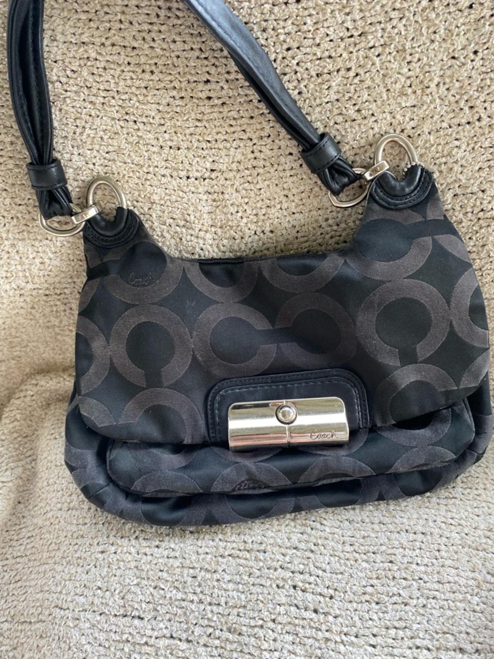 Coach Black Signature Shoulder Bag with Silver Tone Clasp
